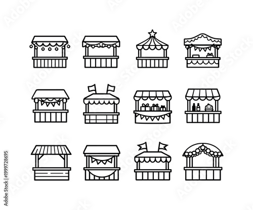 Festive booths. Line outline icon set of Festive booths: holiday booth with lights, fair stall with garlands,