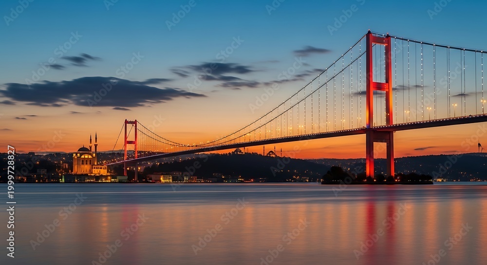 Fototapeta premium Suspension bridge at sunset over calm water and distant buildings