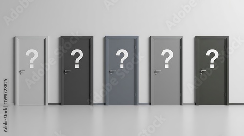 Deretan pintu berbagai warna dengan tanda tanya besar di tengah, menggambarkan pilihan dan ketidakpastian dalam mengambil keputusan penting