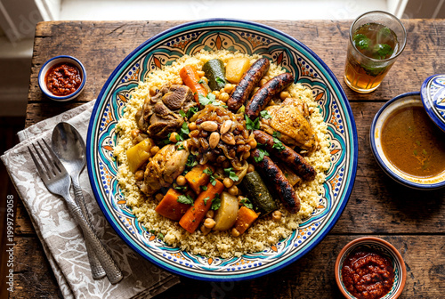 Traditional Moroccan Royal Couscous with Meat and Vegetables Top View