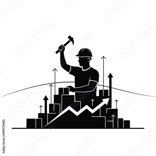Silhouette of a founder building a company with a hammer and rising business graph