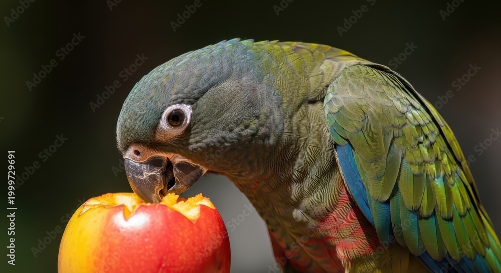 Obraz premium A green parrot eats a red apple in the forest.