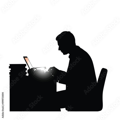 Silhouette of a man working diligently at desk with glowing hybrid device