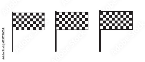 Set of race flags with checkered black and white texture isolated on white background. Start or finish signal on sport car competitions. Rally, karting or motocross props. Vector graphic illustration