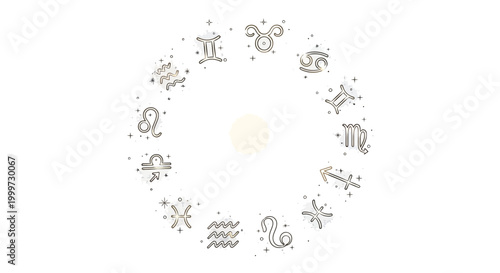 Zodiac Constellations Circle with Sun Center Symbolizing Astrology and Celestial Guidance