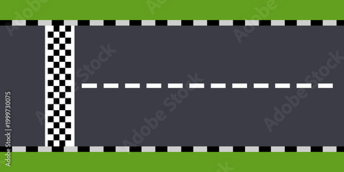 A simple illustration of a road with a checkered start or finish line and dashed lane marking