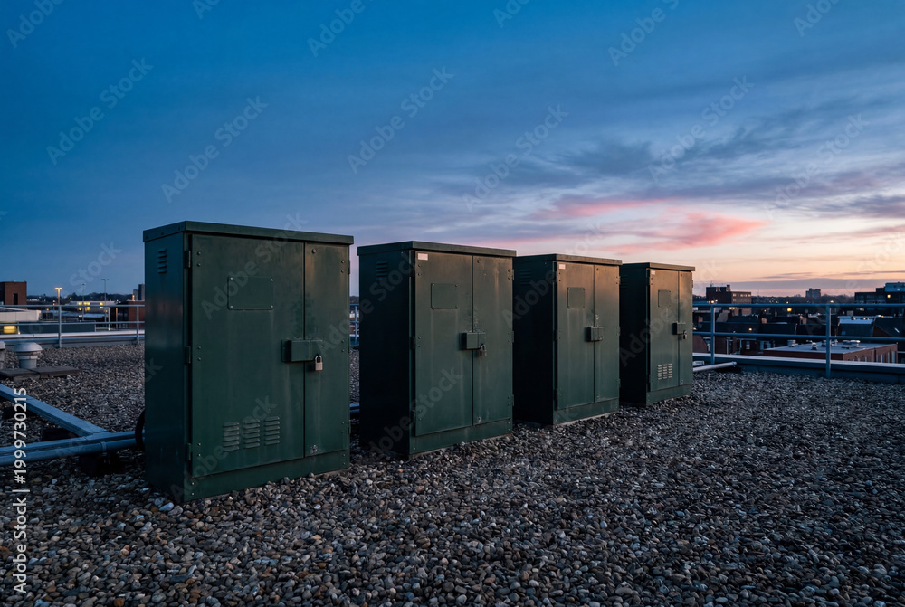 Fototapeta premium Row of dark green utility boxes on a gravel rooftop under a colorful twilight sky