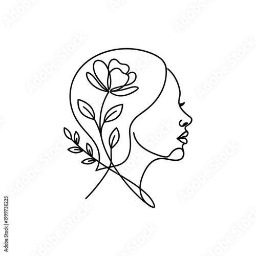 Minimalist one line drawing of female face profile with floral crown elements representing beauty nature and femininity for cosmetic branding spa wellness salon logos and artistic prints.