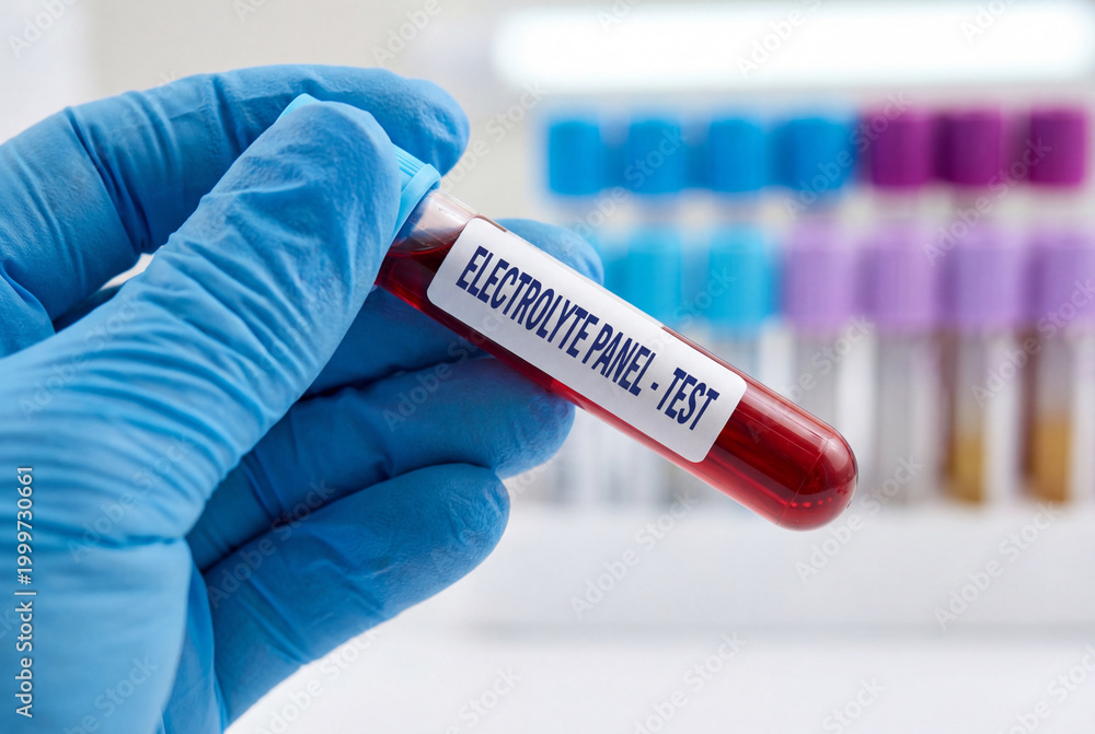 Fototapeta premium Lab technician holding electrolyte panel blood test tube in clinic
