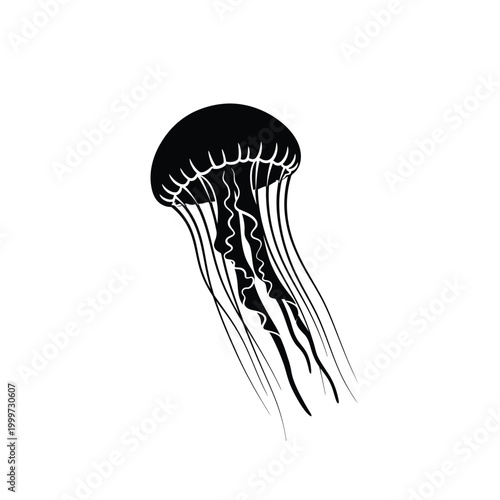 Simple black silhouette of a jellyfish with long tentacles drifting elegantly