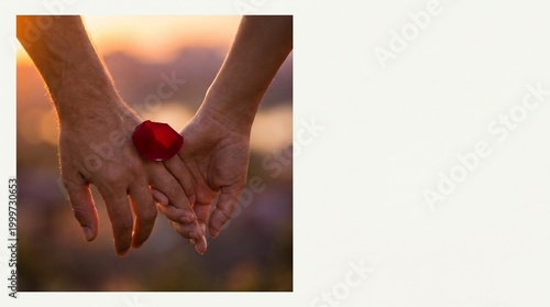 Close-up of two hands tenderly holding a single rose petal, symbolizing love and affection. The photo captures a moment of intimacy and shared emotion