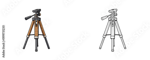 Tripod equipment in flat color and black line styles brown and grey colors professional photography or video production tool for stabilization on white background