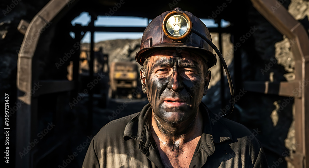 Fototapeta premium Portrait of Tired Coal Miner with Dirty Face and Helmet Working in Deep Underground Mine
