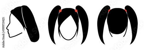 Bunches Pigtail hairstyle silhouette front profile back view, double ponytails hair structure clean outline for icon, avatar, logo, minimal beauty graphics, fashion illustration, hairstyle reference