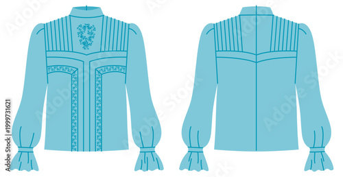 Blue blouse with pintuck panels, embroidery detailing and high neckline with long sleeves gathered cuffs creating decorative structured silhouette. Technical fashion illustration in flat color, front