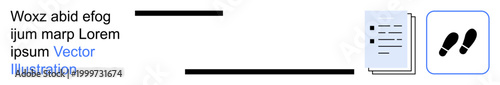 Business process, document management, workflow steps, user activity, navigation, automation. Rectangular blocks, text fields document icon and footsteps symbol. Document management and business