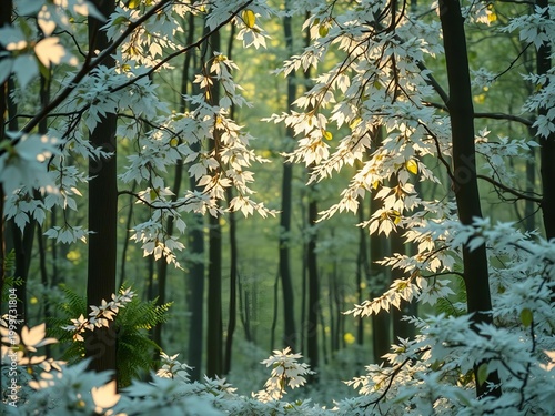 Ethereal white leaves glow in soft light, creating a magical forest scene,  delicate,  organic