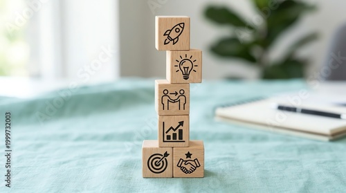 Wooden blocks with icons representing business growth and startup success