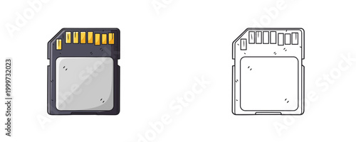 Memory card in flat color and black line styles grey and yellow colors storage device for saving digital photos and video files isolated on white background