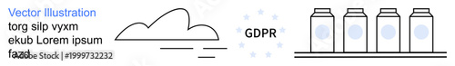 Data security, privacy protection, GDPR compliance, secure storage, cloud computing, digital privacy. Image features cloud, GDPR text and jars stored secure data. Data security and privacy