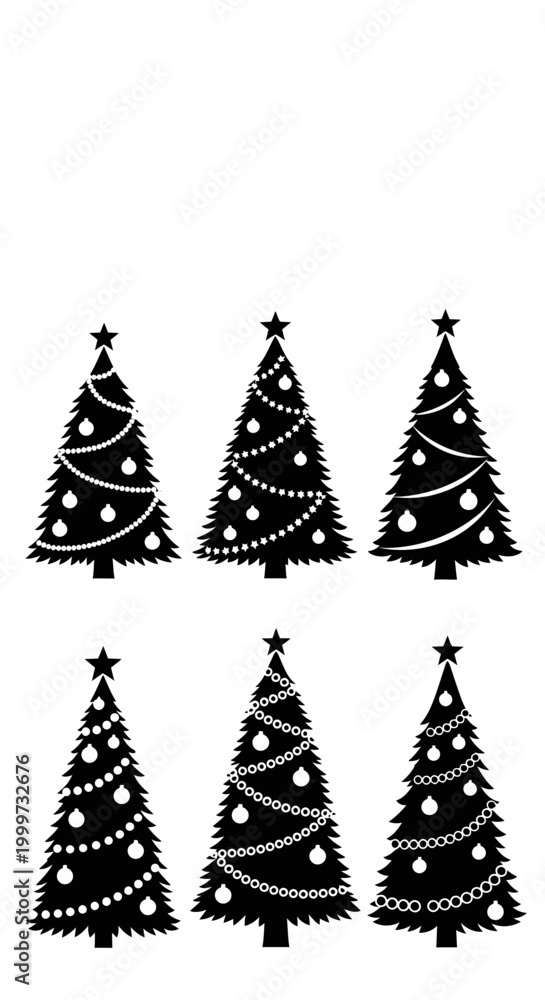 Obraz premium Set of Six Black Christmas Trees with White Ornaments and Star Toppers