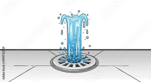 Overflowing floor drain with water erupting from clogged pipe