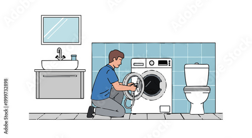 Man repairing washing machine in bathroom vector illustration