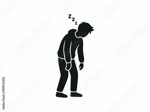 Exhausted man silhouette standing and sleeping with zzz sign, burnout and fatigue concept
