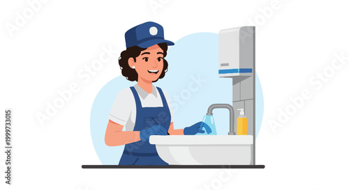 Smiling female plumber in blue uniform working on bathroom sink faucet