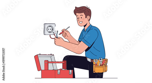Smiling electrician wiring wall socket. Professional handyman character with toolbox installing power outlet. Vector illustration