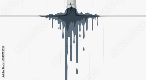 Vector illustration of cracked pipe leaking dark liquid on wet drywall