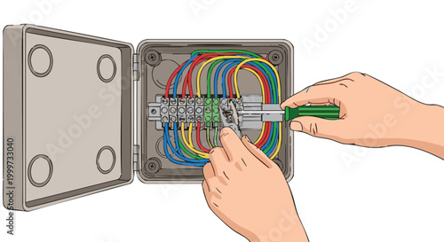 Electrician hands tightening wires in junction box with tools