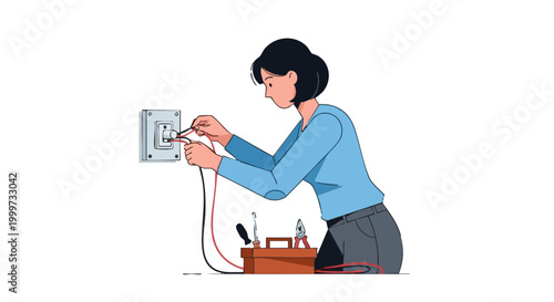 Woman electrician connecting wires to wall switch vector illustration