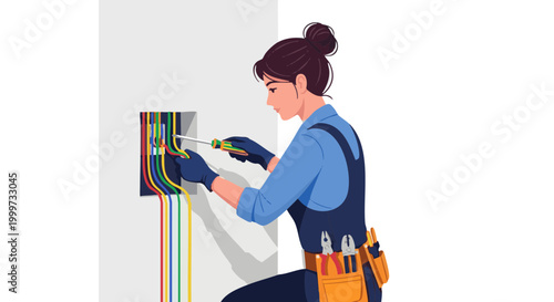Female electrician in uniform working on colorful electrical wiring with screwdriver. Professional woman in skilled trade