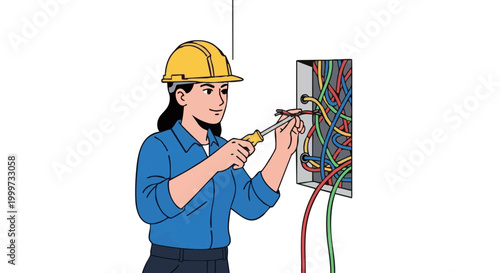 Skilled female electrician working on electrical wiring with screwdriver