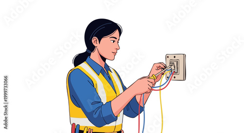 Woman electrician wiring light switch illustration on black background