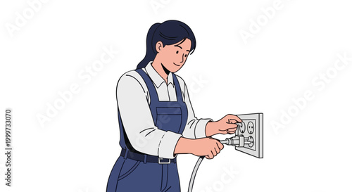 Woman electrician plugging cable into wall socket vector illustration