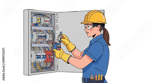 Female electrician in safety gear working on circuit breaker panel
