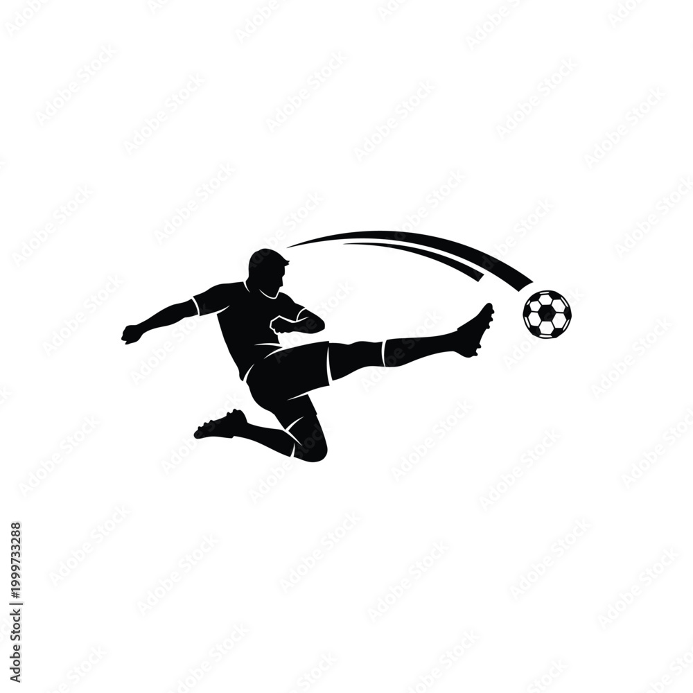 Fototapeta premium Soccer player kick ball silhouette logo design for sports competition isolated on white background with motion trail effect representing power speed agility action and professional athlete