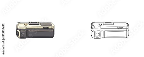 Camera battery grip in flat color and black line styles grey and beige colors accessory for extended power and vertical shooting on white background
