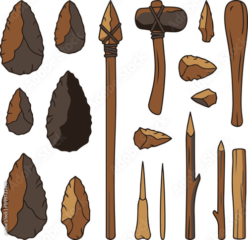 Flat vector illustration set of prehistoric stone tools and weapons, including arrowheads, spears, axes, and carved wooden implements used by early humans.