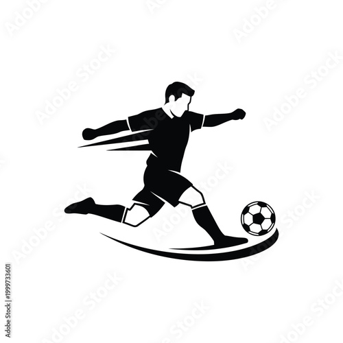 Soccer player kicking ball silhouette logo sports competition athlete action vector illustration dynamic football striker player movement emblem isolated on white background web design