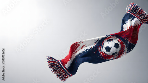 A vibrant red, white, and blue soccer fan scarf with a football design, floating against a light grey background.