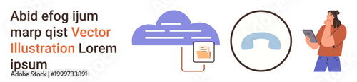 Cloud computing, data sharing, telecommunication, user interaction, digital storage, remote connections. Cloud icon linked with data, phone symbol and a person using a device. Cloud computing
