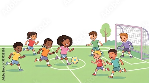 Kids are playing soccer on a soccer field, The scene captures the energy and excitement of a soccer match, with a goal in the background.