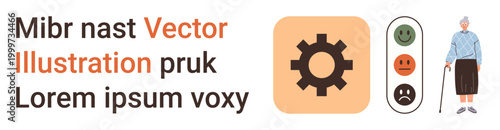 Elderly support, decision-making, feedback, healthcare, aging population, quality assessment. Gear icon, emoticons elderly person with cane. Elderly support and decision-making conceptual theme
