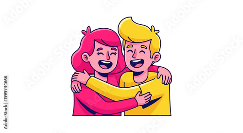 Two friends laughing and hugging each other.