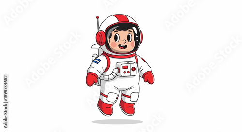 Cute cartoon astronaut floating in space, with a white and red suit and helmet, ready for space exploration