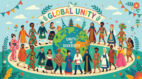 A diverse group of people holding hands around a globe representing international peace and harmony