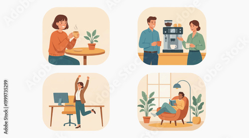 Illustration of Diverse Daily Activities: Relaxing, Working, and Enjoying Coffee